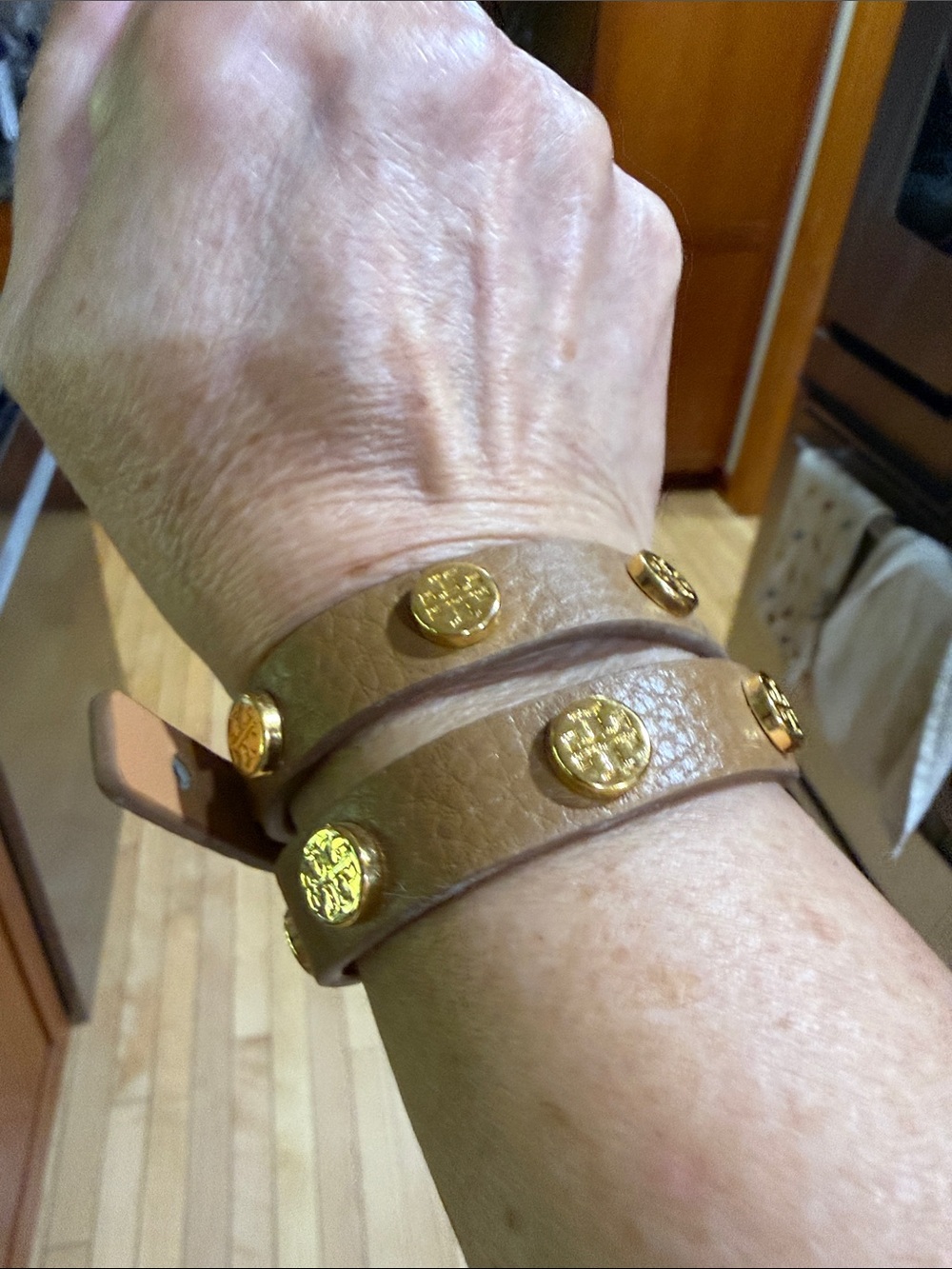 Tory Burch Tan Leather Double-Wrap Bracelet with Gold Logos